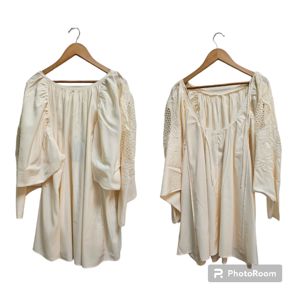 H&M Low Back Voluminous Embroidery Dress Balloon Sleeves Blogger Fave Cream L - Picture 4 of 16